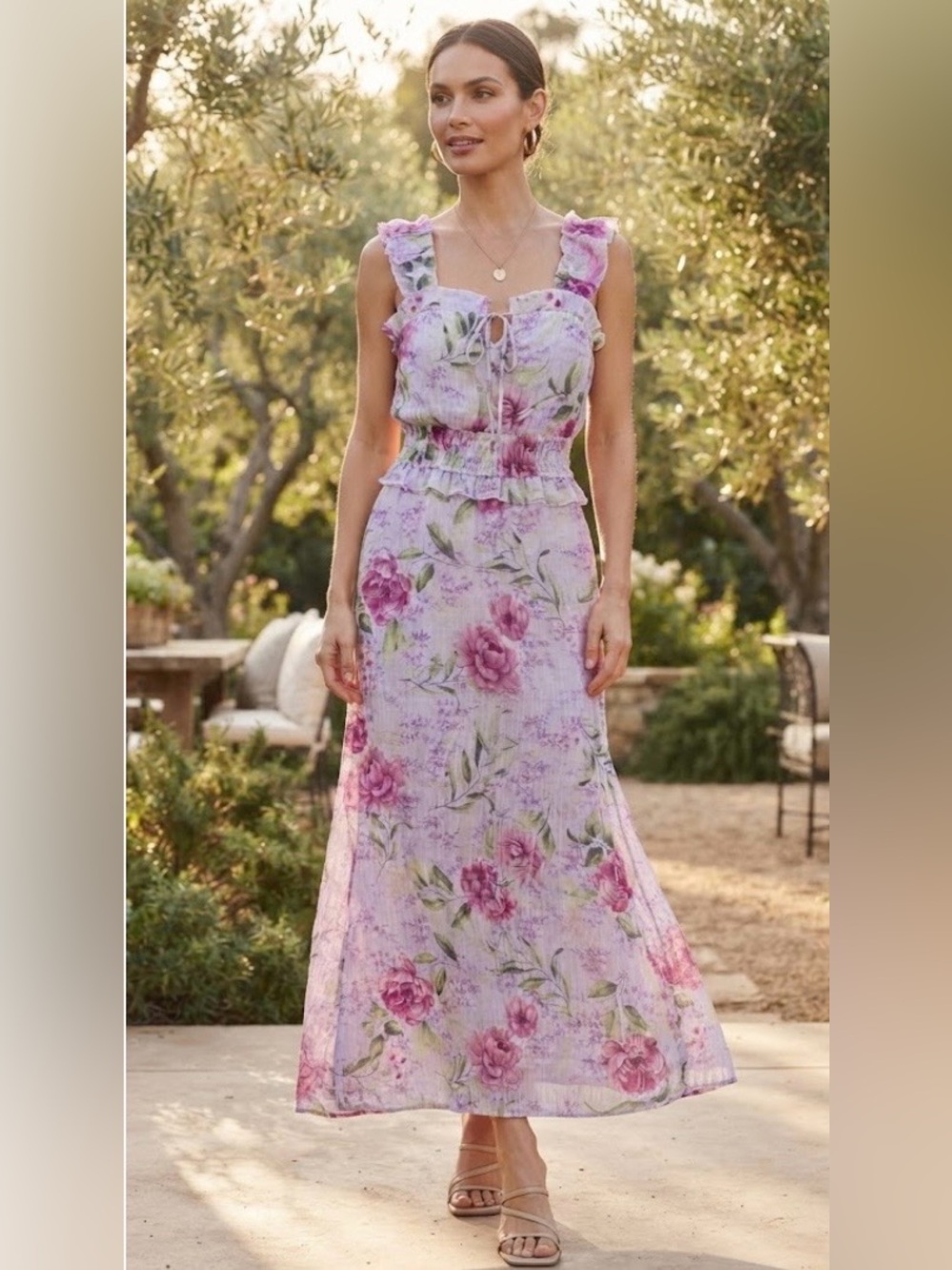 NEW MARY MO Floral Lavender Maxi Dress with Ruffle Straps SIZE XS